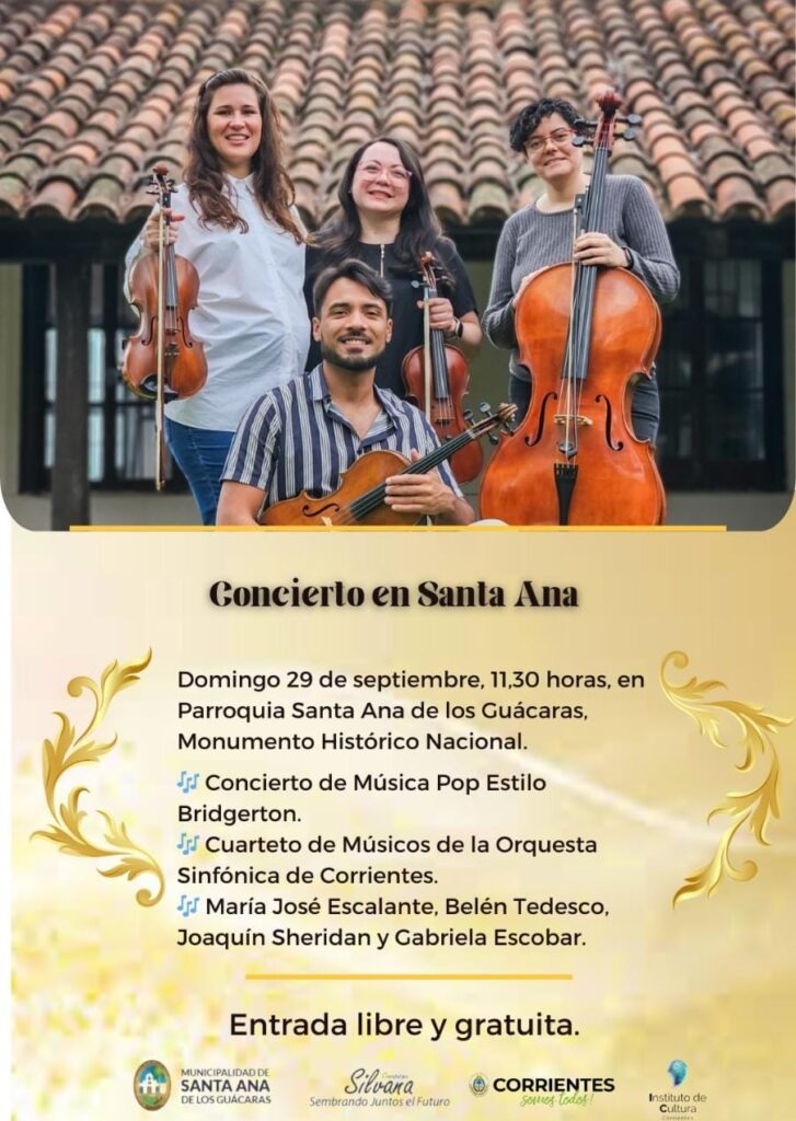 concierto en santa ana de los guacaras. The image also shows four musicians posing with their instruments (violins and cellos) in front of a building with a tiled roof.