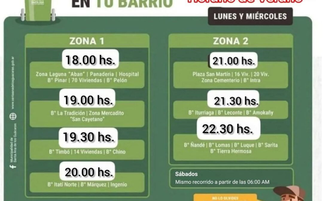 Nuevos horarios de recolección de residuos Verano 2026